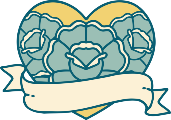 İkonik dövme stili bir kalp ve bir insan tarafından çizilmiş çiçekli pankart.