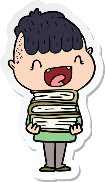 Bir insan tarafından çizilmiş yeni kitapları olan mutlu bir çocuğun çıkartması.