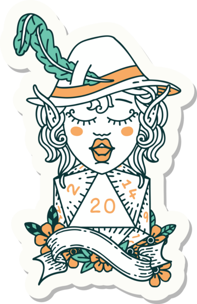 Bir insan tarafından çizilmiş 20 zarlı elf şairinin çıkartması.