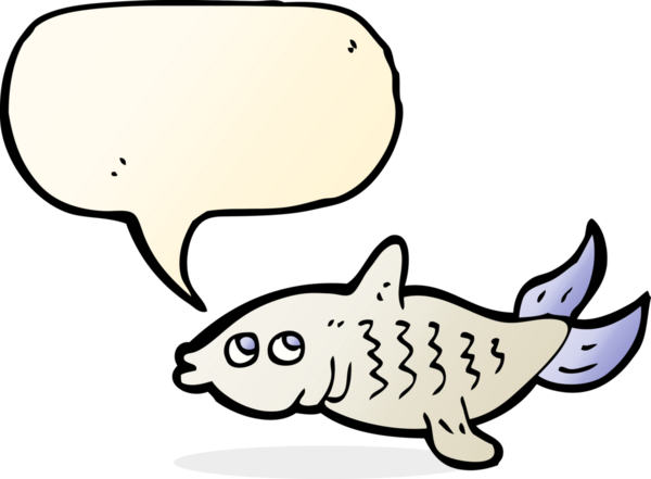 Bir insan tarafından çizilmiş konuşma balonlu çizgi film balığı.
