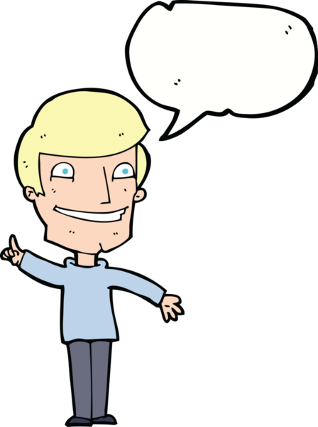 Bir insan tarafından çizilmiş konuşma balonuyla sırıtan bir karikatür adamı.