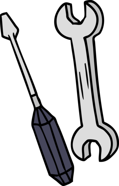 Bir İngiliz anahtarı ve bir insan tarafından çizilmiş bir tornavida karalaması.