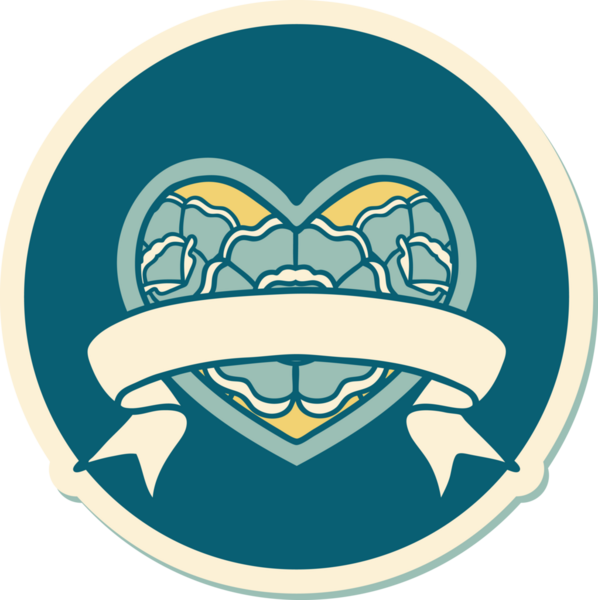 Geleneksel kalp stili dövme çıkartması ve bir insan tarafından çizilmiş çiçekli pankart.