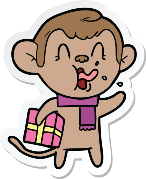 Bir insan tarafından çizilmiş Noel hediyeli çılgın bir çizgi film maymunu çıkartması.