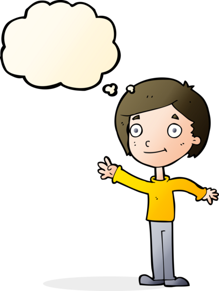 Bir insan tarafından çizilmiş düşünce balonu olan mutlu çocuk çizgi filmi.