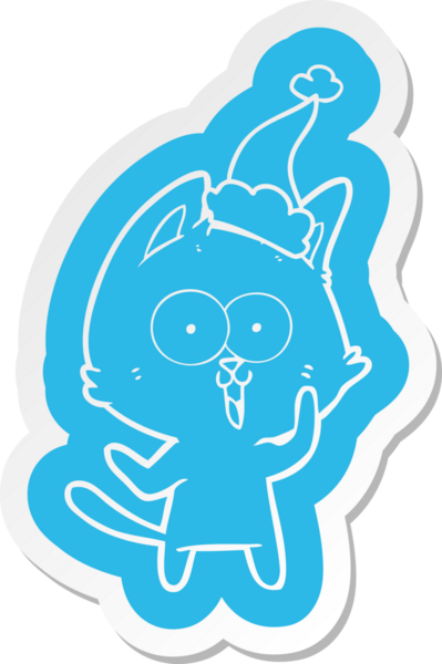 Bir insan tarafından çizilmiş Noel Baba şapkası takan bir kedinin komik çizgi film çıkartması.