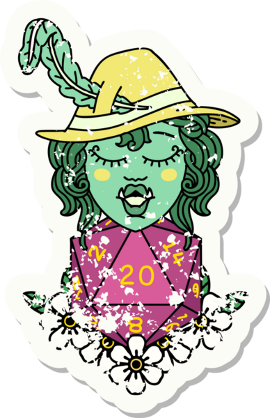 Bir insan tarafından çizilmiş 20 zarlı yarım ork şairin grunge etiketi.