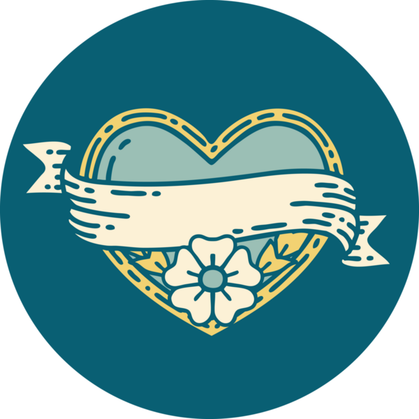 İkonik dövme stili bir kalp ve bir insan tarafından çizilmiş çiçekli pankart.