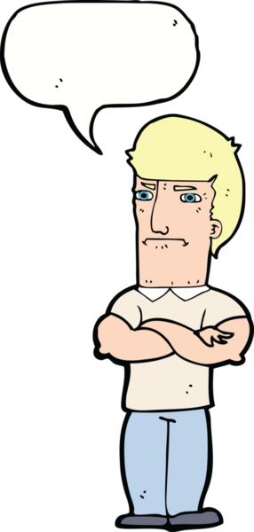 Bir insan tarafından çizilmiş, kolları katlanmış, konuşma balonlu bir karikatür.