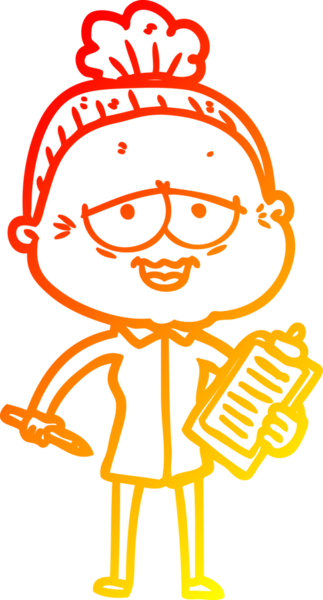 Bir insan tarafından çizilmiş mutlu, yaşlı bir kadının sıcak çizgi çizimi.