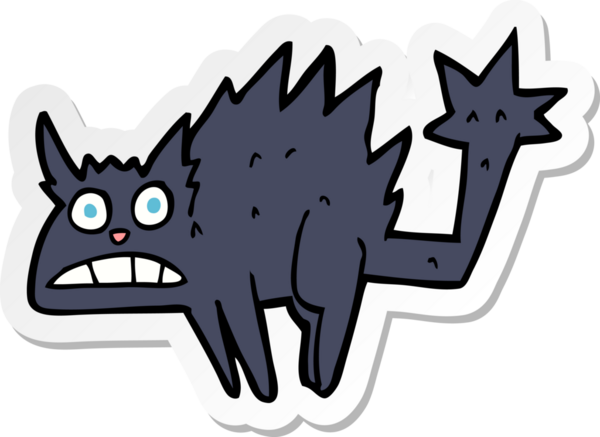 Karikatür çıkartması. Bir insan tarafından çizilmiş korkmuş siyah kedi.