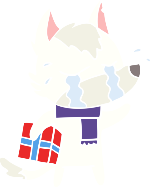 Düz renkli karikatür. Ağlayan kurt. Bir insan tarafından çizilmiş Noel hediyesi.