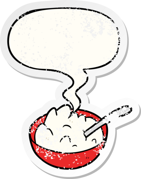 Bir insan tarafından çizilmiş, sıkıntılı, eski bir çıkartma olan konuşma balonlu lapa kasesi.