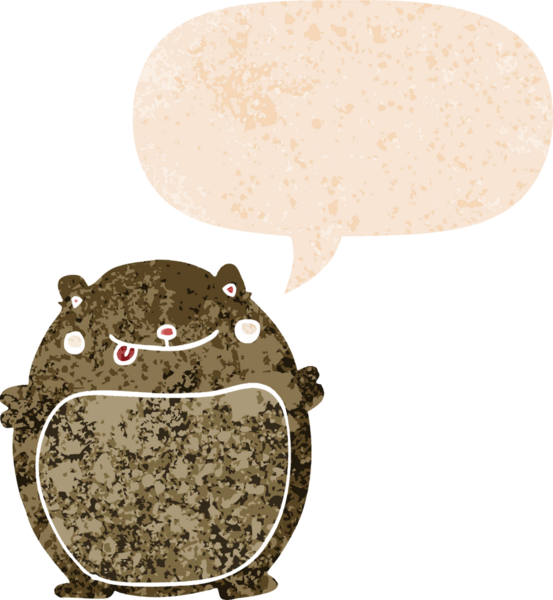 Bir insan tarafından çizilmiş grunge sıkıntılı retro desenli konuşma balonu ile çizgi film şişman ayı