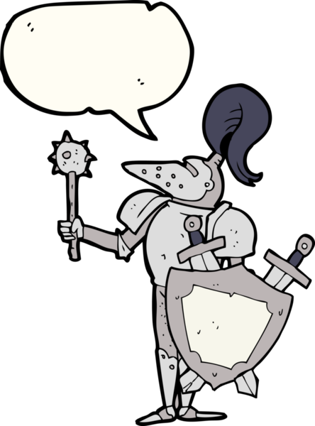 Serbest konuşma balonu karikatürü Ortaçağ şövalyesi bir insan tarafından çizilmiş kalkanla