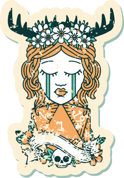 Retro Dövme Tarzı Ağlayan İnsan Druid Bir insan tarafından çizilmiş doğal bir D20 ruloyla