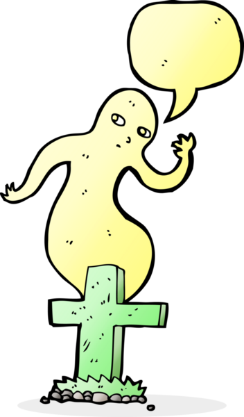 Bir insan tarafından çizilmiş konuşma balonuyla mezardan yükselen karikatür hayaleti.