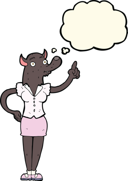 Bir insan tarafından çizilmiş düşünce baloncuğu fikri olan bir kurtadam kadın.