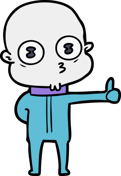 Bir insan tarafından çizilmiş garip, kel bir uzay adamı.