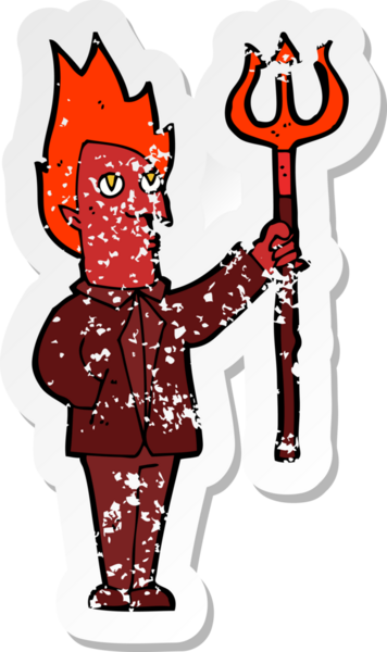 Bir insan tarafından çizilmiş dirgenli bir şeytan çizgi film çıkartması.