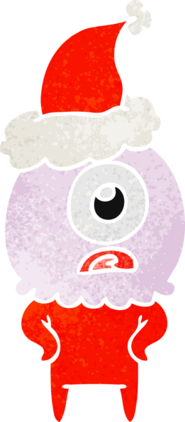 Bir insan tarafından çizilmiş Noel Baba şapkası giyen bir Tepegöz 'ün el çizimi uzaylı uzay adamı.