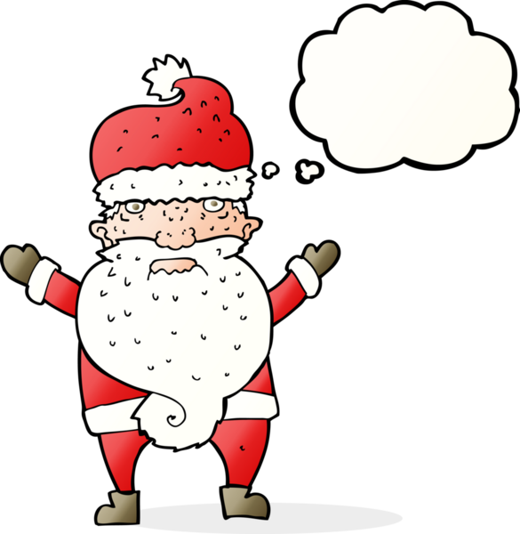 Bir insan tarafından çizilmiş düşünce baloncuklu huysuz Noel Baba çizgi filmi.