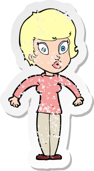 Bir insan tarafından çizilmiş omuzlarını silken karikatürlü bir kadının gerilmiş çıkartması.