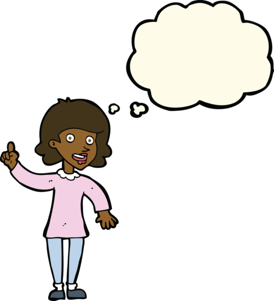 Bir insan tarafından çizilmiş düşünce baloncuğu fikri olan karikatür kadın.