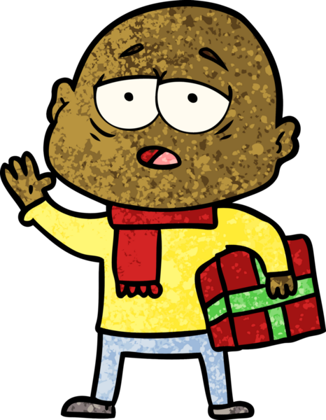 Bir insan tarafından çizilmiş yorgun, kel bir adam.