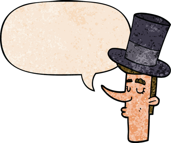 Çizgi film adamı şapkalı ve konuşma baloncuklu eski moda bir insan tarafından çizilmiş.