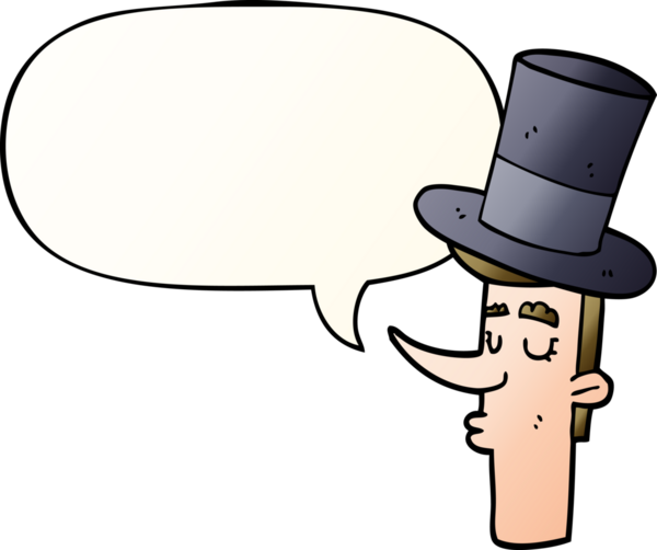 Bir insan tarafından çizilmiş, konuşma baloncuklu silindir şapkalı çizgi film adamı.