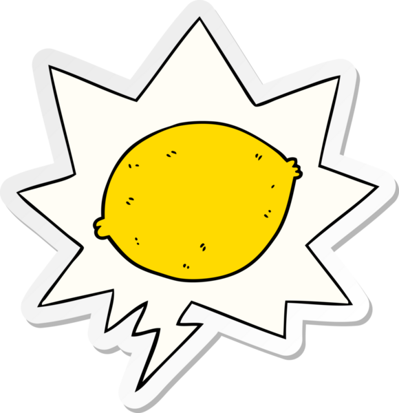 Bir insan tarafından çizilmiş baloncuk çıkartmalı limon çizgi filmi.