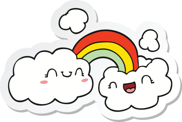 Bir insan tarafından çizilmiş mutlu bir karikatür bulutu ve gökkuşağı çıkartması.