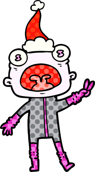 Bir insan tarafından çizilmiş Noel Baba şapkası giyen garip bir uzaylının el çizimi çizgi roman çizimi.