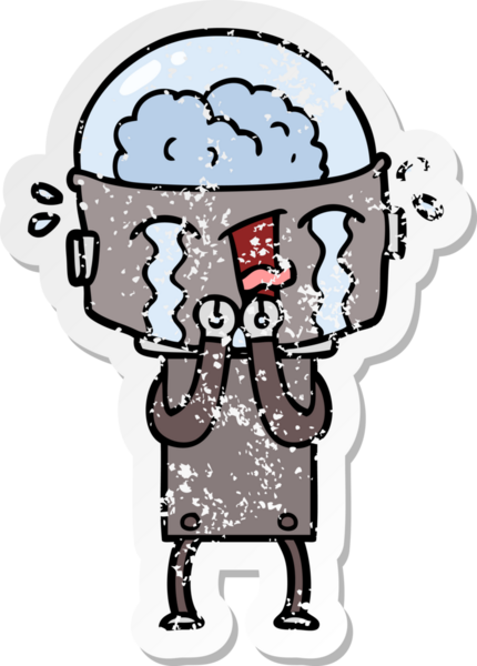 Bir insan tarafından çizilmiş, karikatür ağlayan robot çıkartması.