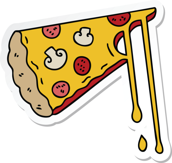 Bir insan tarafından çizilmiş tuhaf bir el çizimi peynirli pizza çıkartması.