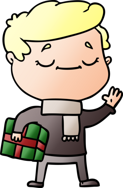 Bir insan tarafından çizilmiş Noel hediyesi taşıyan çizgi film adamı.