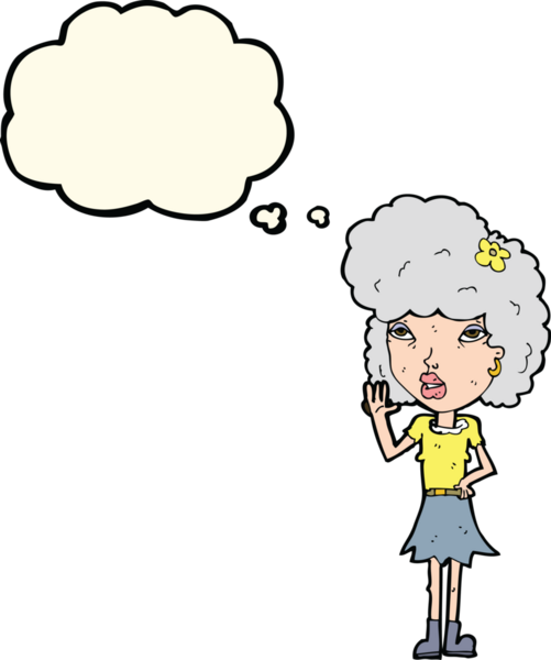 Bir insan tarafından çizilmiş düşünce baloncuğuyla el sallayan çizgi film kadını.
