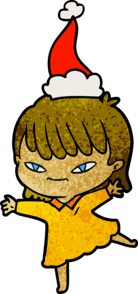 Bir insan tarafından çizilmiş Noel Baba şapkası giyen bir kadının el çizimi karikatürü.