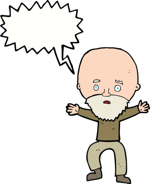 Bir insan tarafından çizilmiş konuşma baloncuğuyla panikleyen yaşlı bir adam.