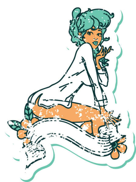 İkonik sıkıntılı dövme stili bir kız resmi, afişi insan tarafından çizilmiş bir tişört giyiyor.