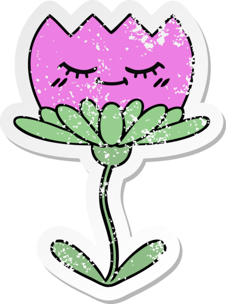 Bir insan tarafından çizilmiş şirin bir karikatür çiçeğinin sıkıntılı çıkartması.