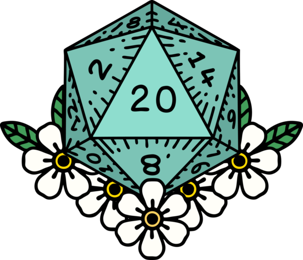 Retro Dövme Biçimi Doğal 20 D20 zar bir insan tarafından çizilmiş çiçek elementleriyle