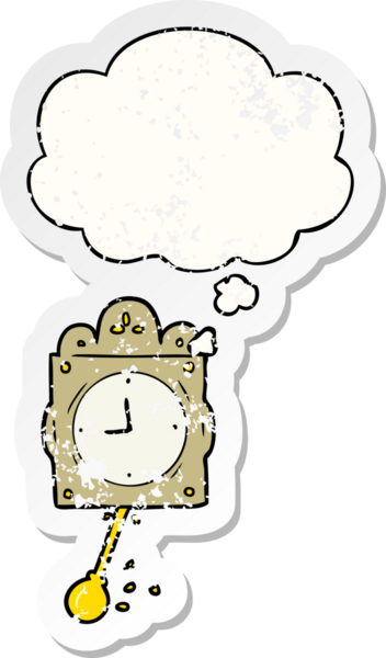 Düşünce baloncuklu çizgi film saati, insan tarafından çizilmiş yıpranmış bir çıkartma gibi.
