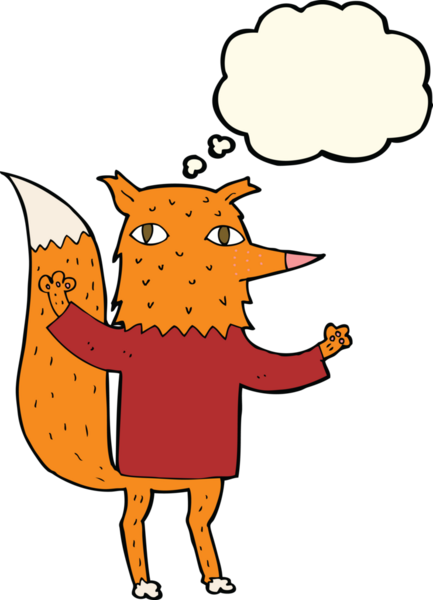 Bir insan tarafından çizilmiş düşünce baloncuklu çizgi film tilkisi.