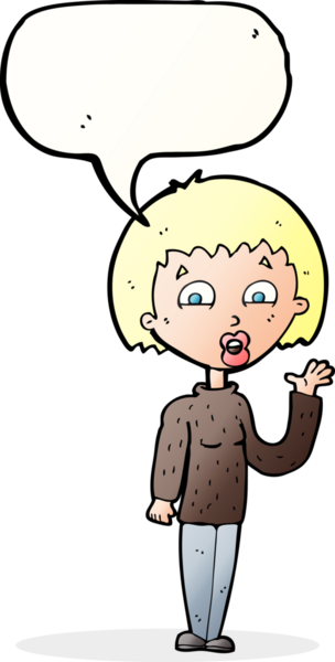 Bir insan tarafından çizilmiş bir konuşma balonuyla el sallayan çizgi film kadını.