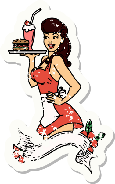 Geleneksel stil dövmeli sıkıntılı bir stil. Pankartı insan tarafından çizilmiş garson kız.