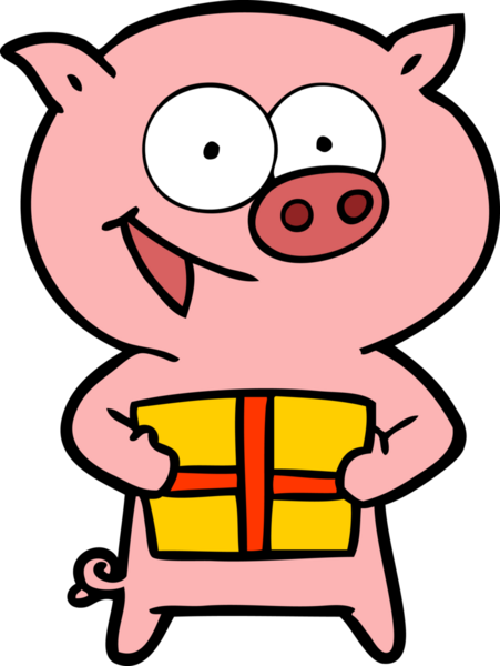 Bir insan tarafından çizilmiş Noel hediyeli neşeli bir domuz.