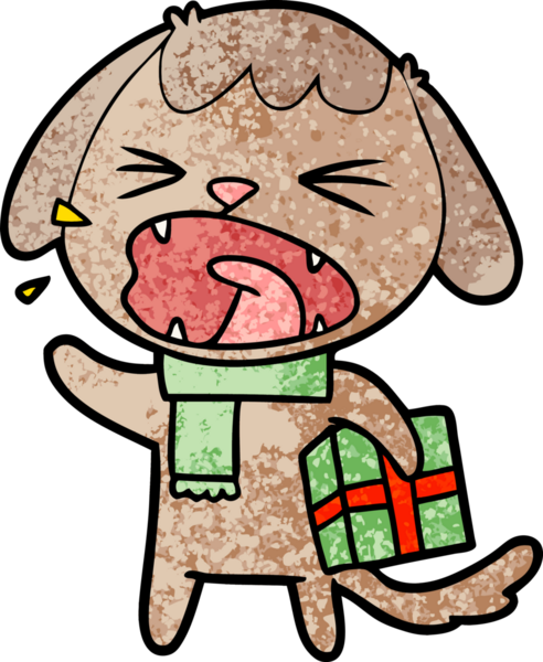 Bir insan tarafından çizilmiş Noel hediyesi olan sevimli bir çizgi film köpeği.