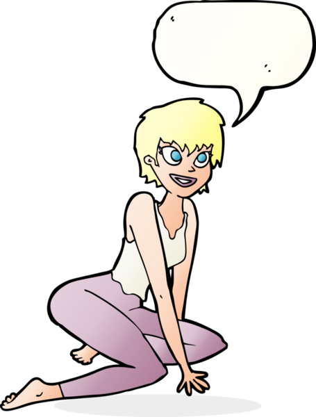 Bir insan tarafından çizilmiş konuşma baloncuğuyla yerde oturan mutlu bir kadın.